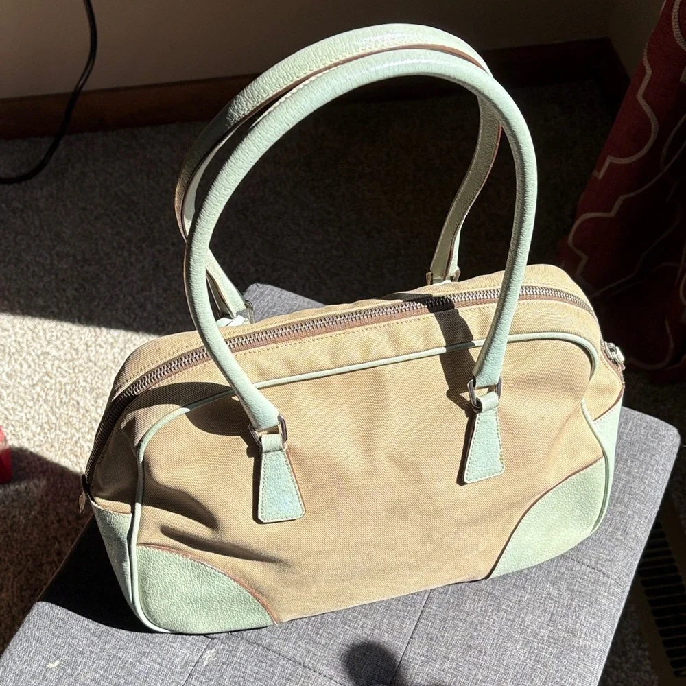 Prada Tan Canvas Shoulder Bag with Sage Green Trim